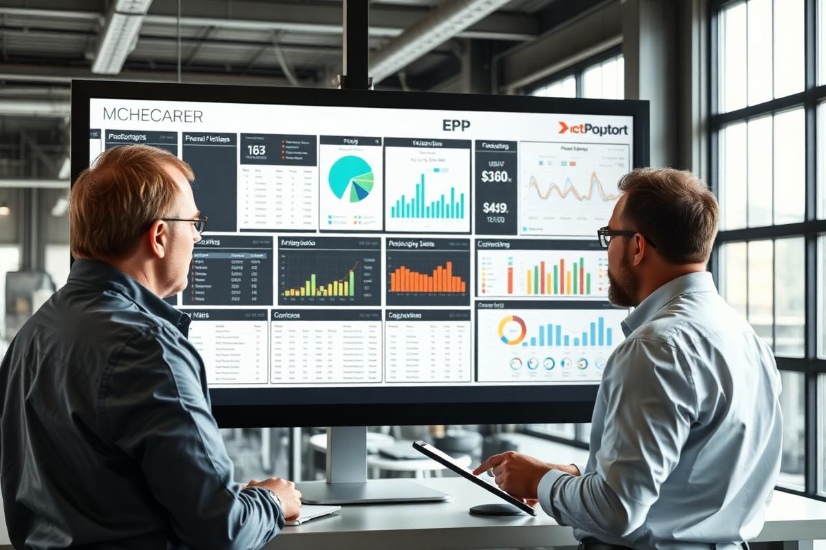 Engineers reviewing a manufacturing ERP dashboard on a plant office workstation